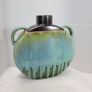 The Bombay Furniture Company Round Double Handle Blue Art Drip Vase 026 MCF